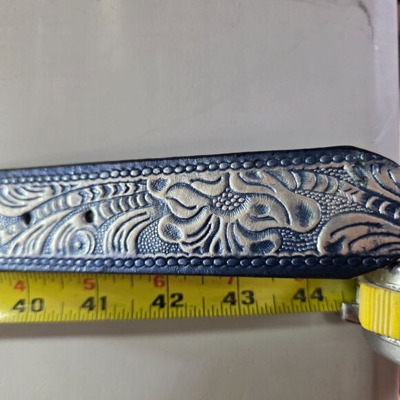 Leather Belt Ornate Silver tone Buckle Floral Embossing  women 2XL western - Picture 7 of 8